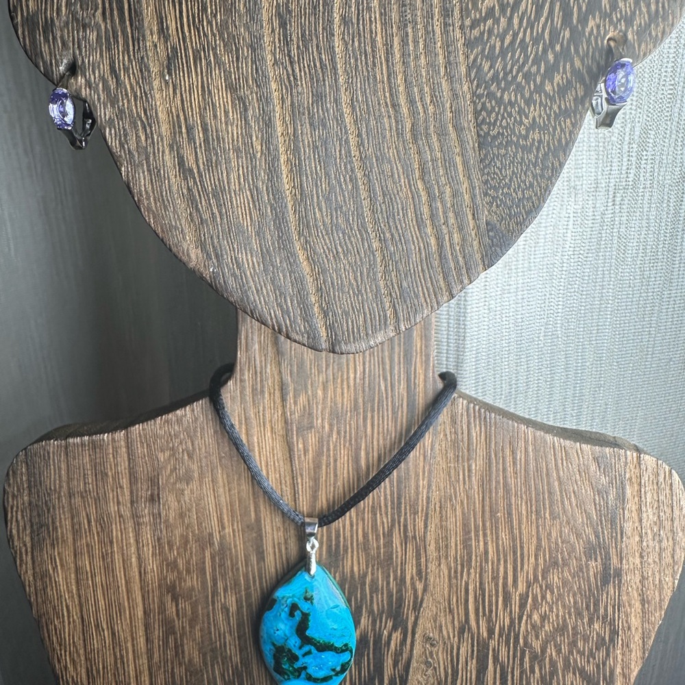 Chrysocolla Teardrop Pendant Necklace on Black Rope - Picture 2 of 14